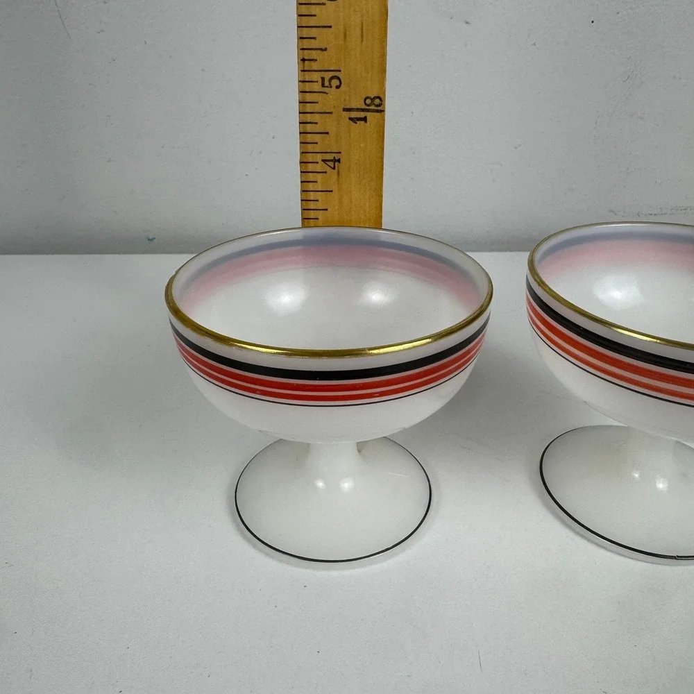 Vtg Platonite MCM Dessert Bowls Red Black Gold Striped Footed Sherbet Set of 2‎